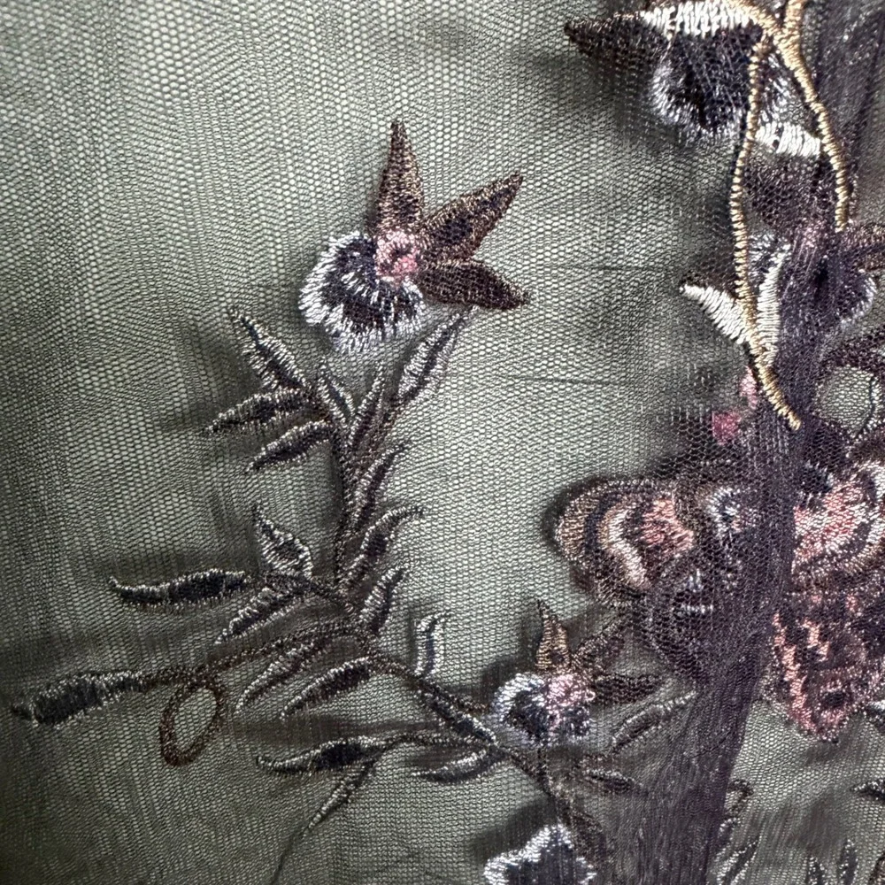 Floral Embroidered Sheer Mesh Top Short Sleeve Forest Fairy Whimsigoth Large